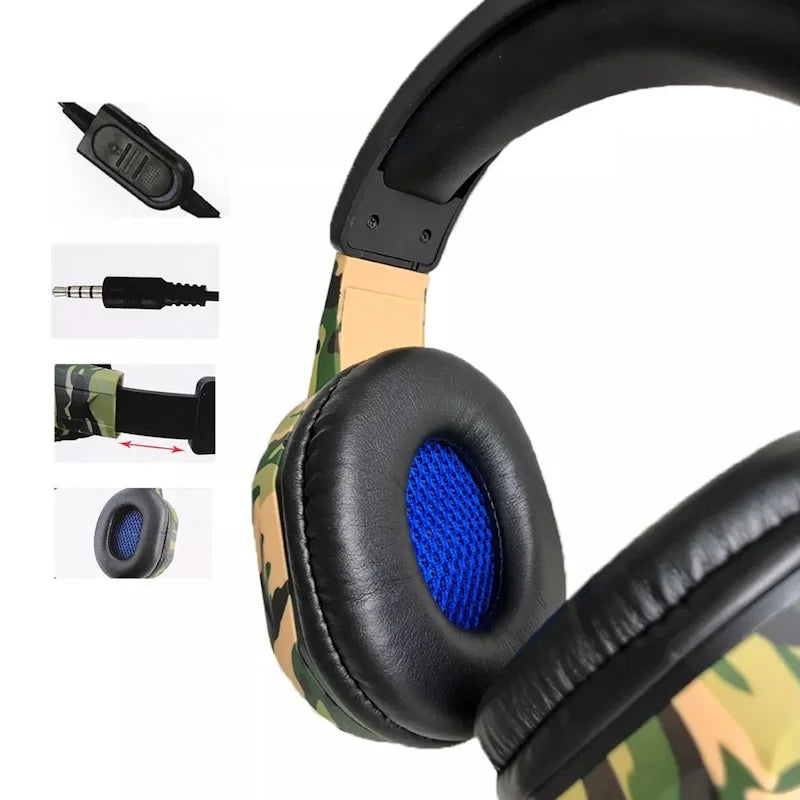 Camouflage Gamer Headset com Microfone - PS4, Xbox One, Series e PC